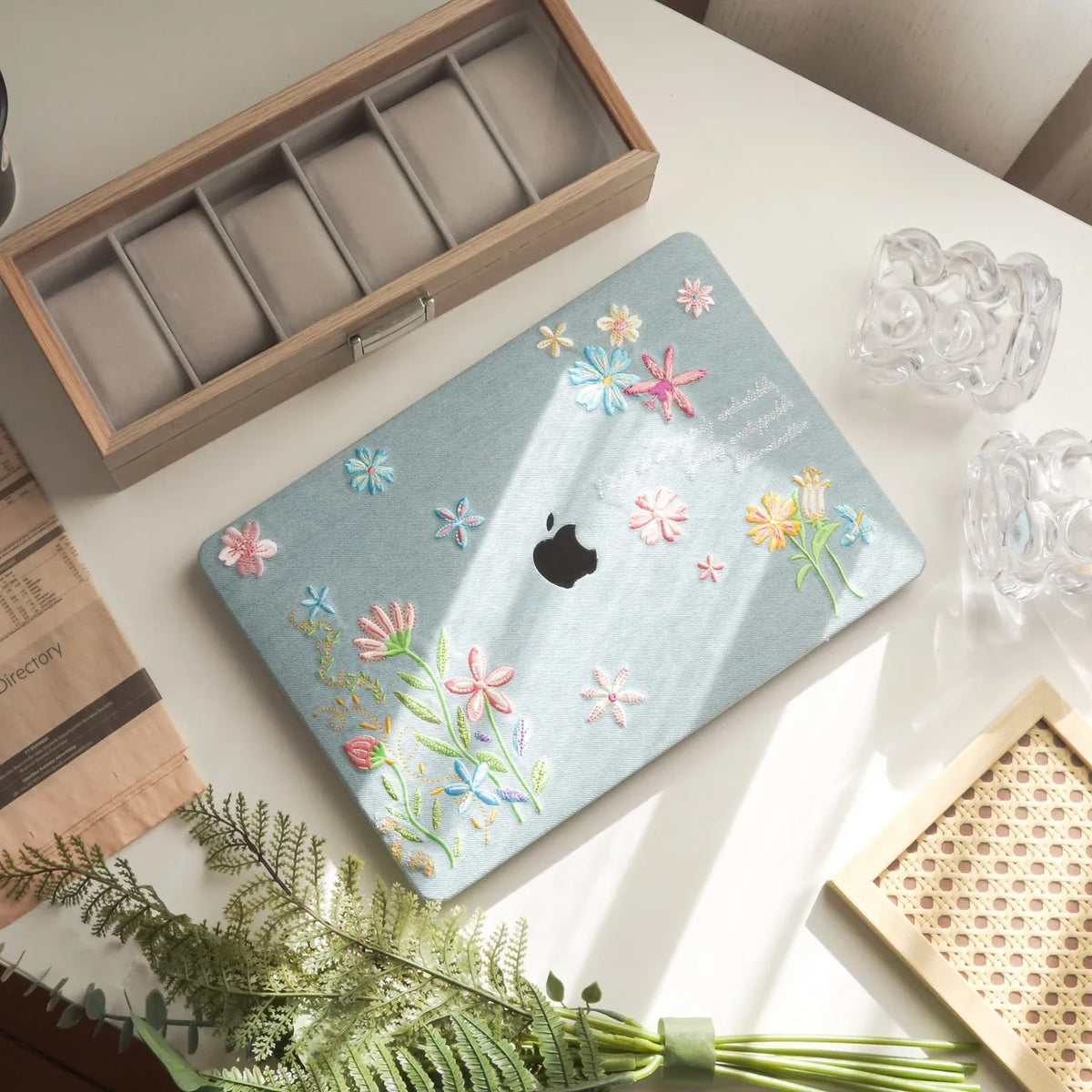 Denim Embroidery Embroidered Leather Macbook Case