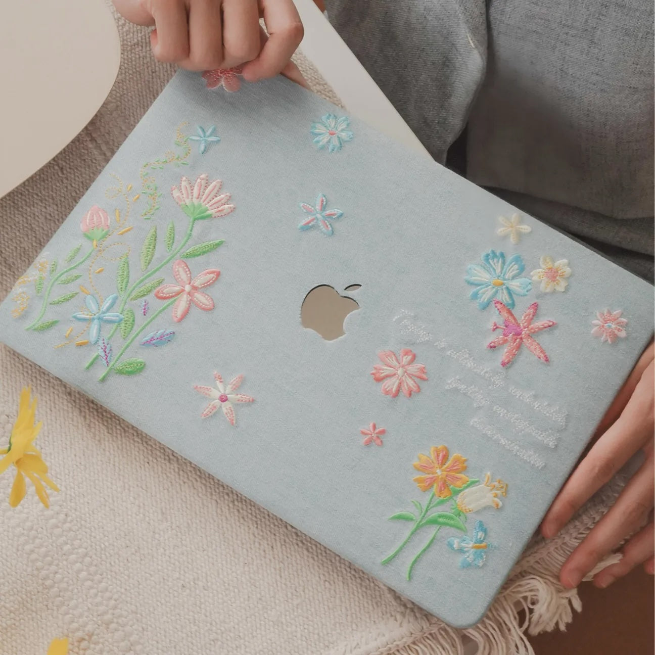 Denim Embroidery Embroidered Leather Macbook Case