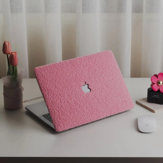 Neon Pink Teddy Plush Leather Macbook Case