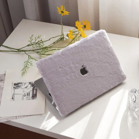 Pale Lilac rabbit fur Leather Macbook Case