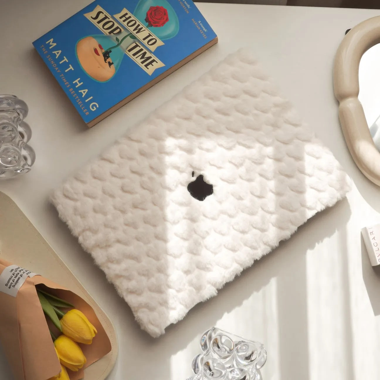 White Love Rabbit Fur Leather Macbook Case