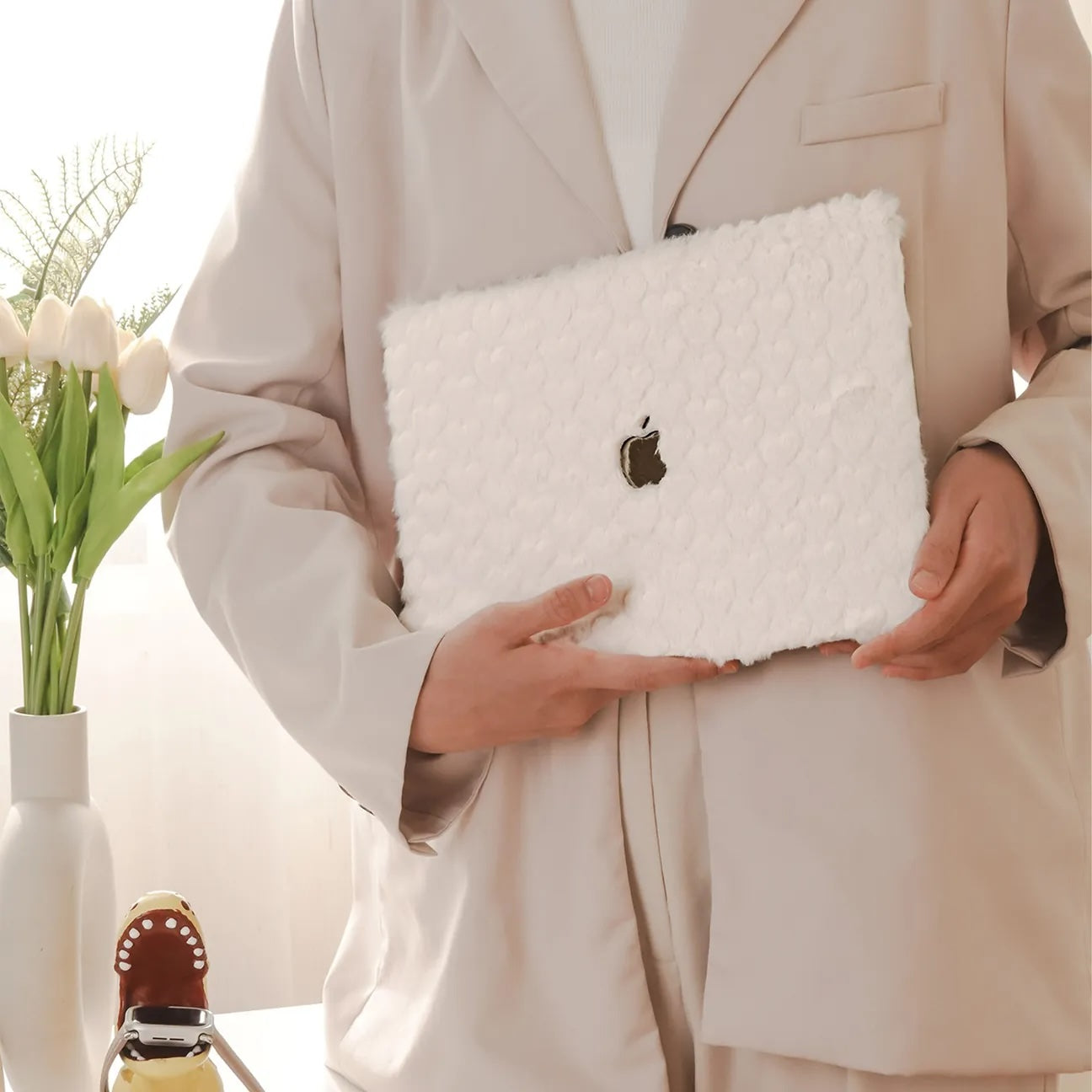 White Love Rabbit Fur Leather Macbook Case