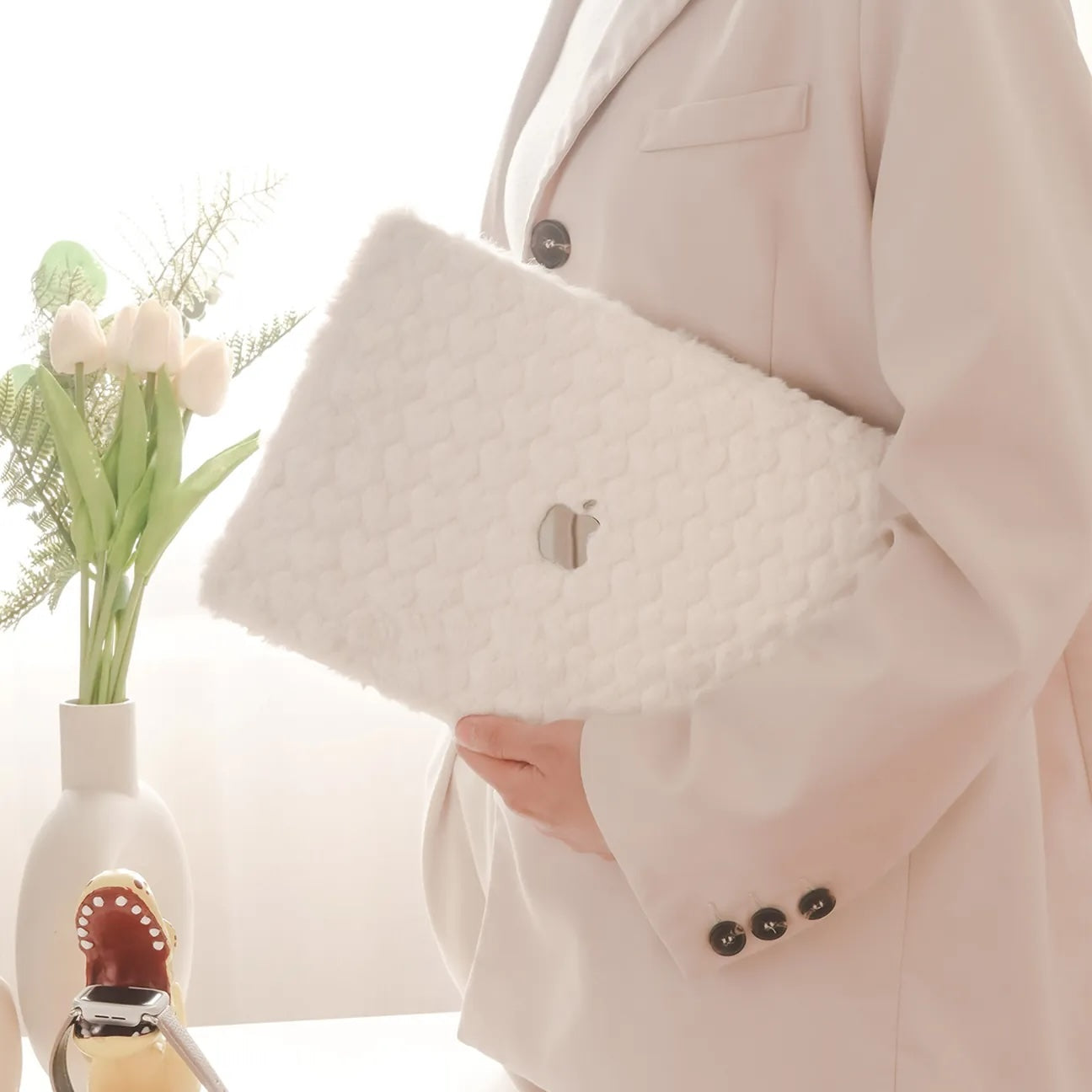 White Love Rabbit Fur Leather Macbook Case