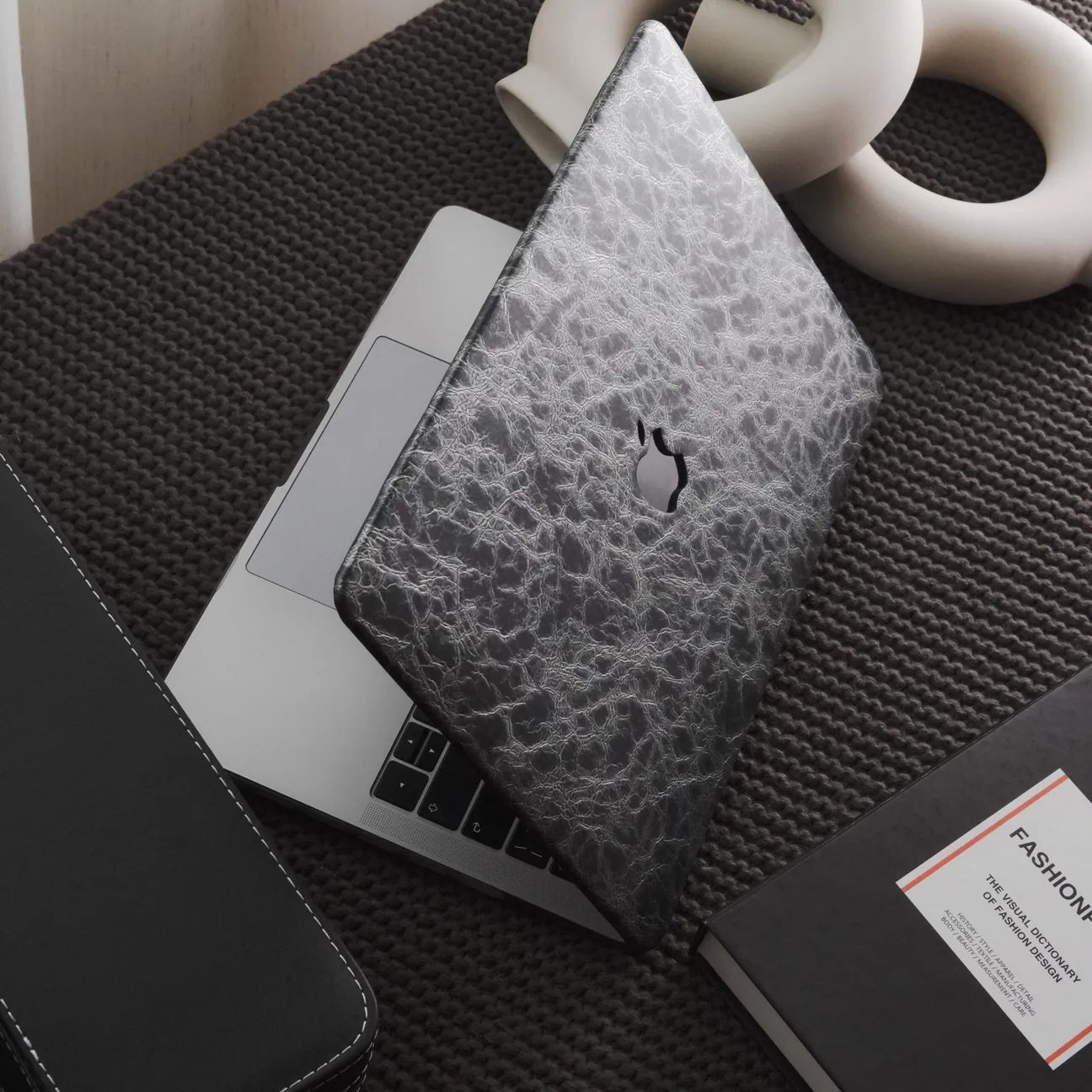 Black Grey Rock Texture Leather Macbook Case