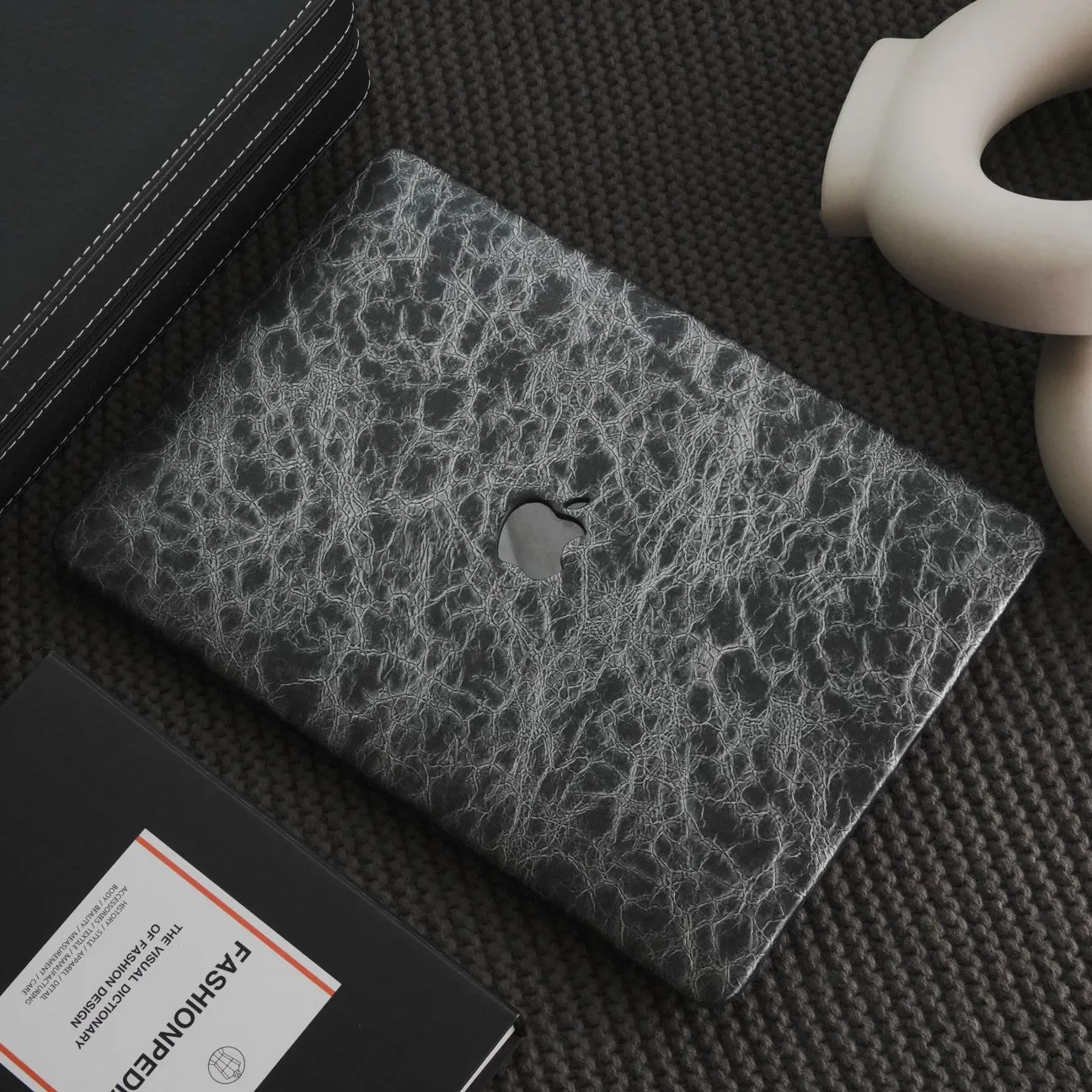 Black Grey Rock Texture Leather Macbook Case