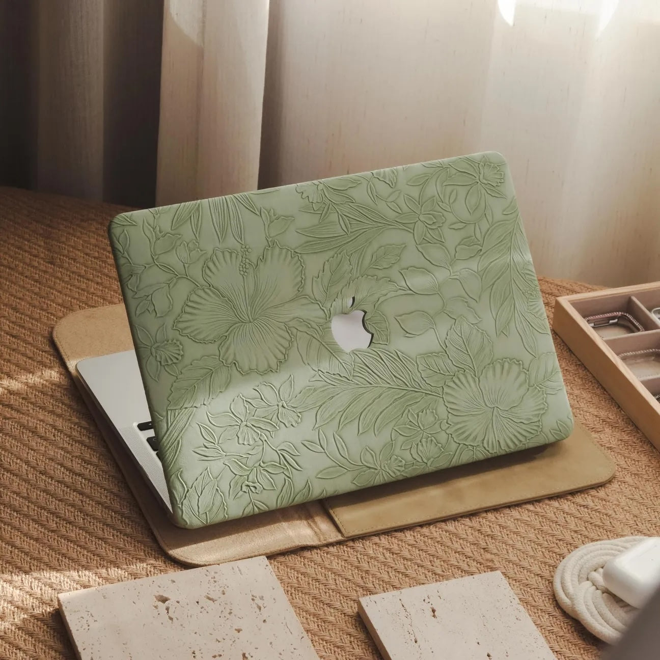 Green Embossed Floral Leather Macbook Case