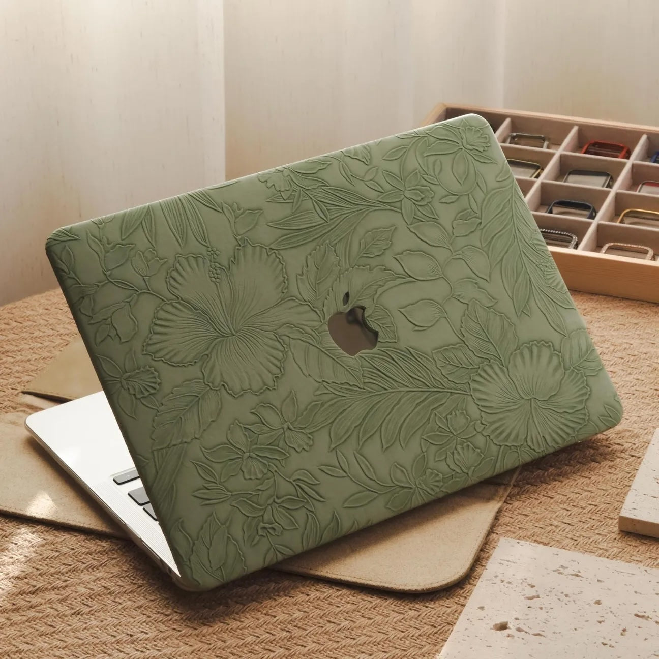 Green Embossed Floral Leather Macbook Case