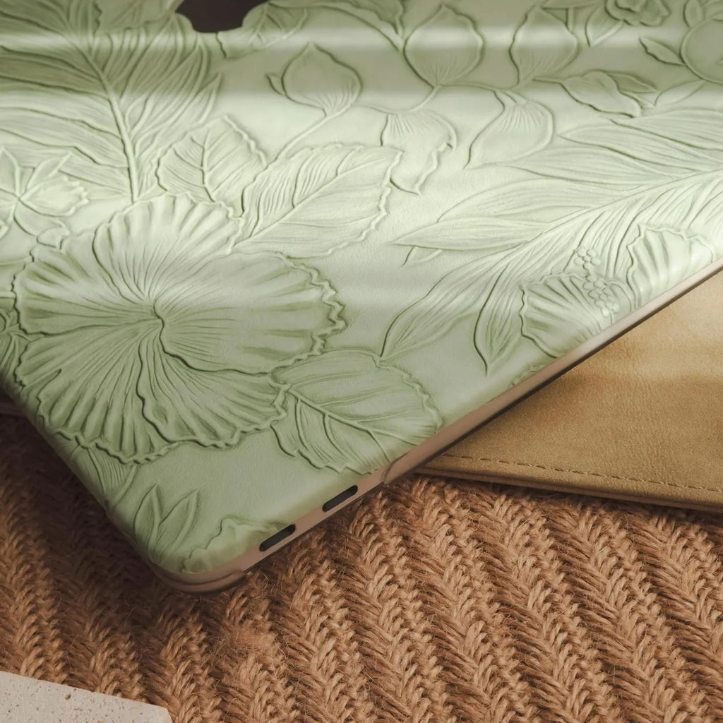 Green Embossed Floral Leather Macbook Case