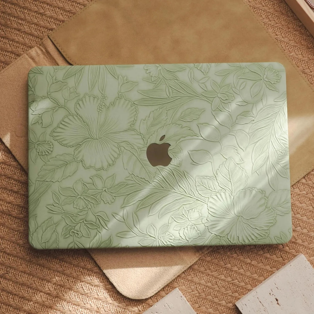 Green Embossed Floral Leather Macbook Case
