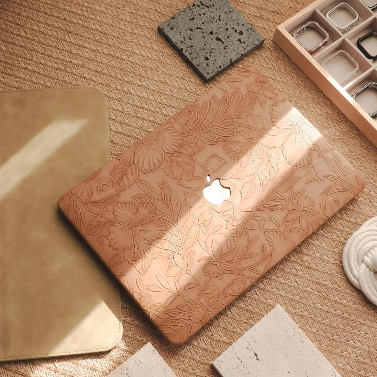 Camel Embossed Floral Leather Macbook Case