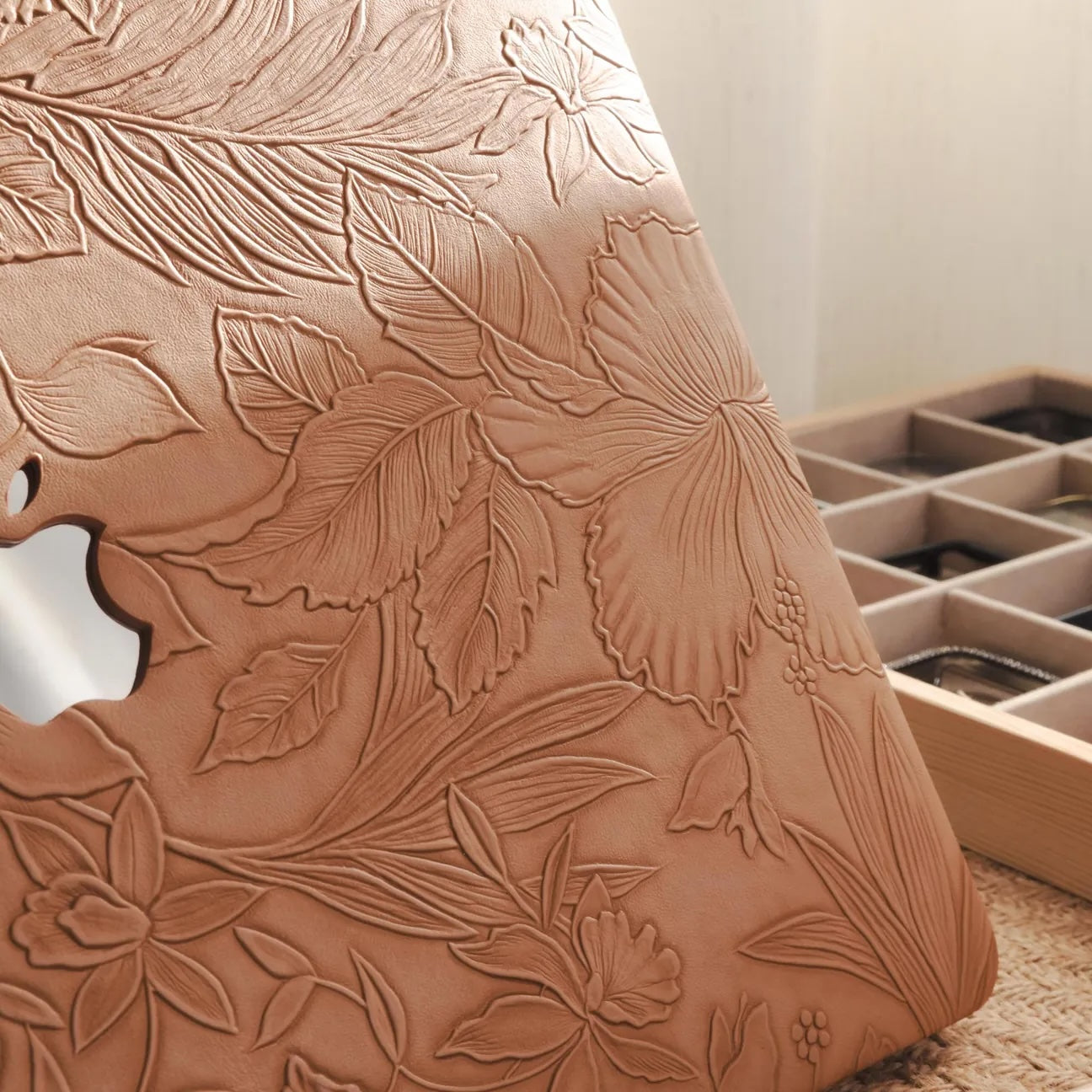 Camel Embossed Floral Leather Macbook Case