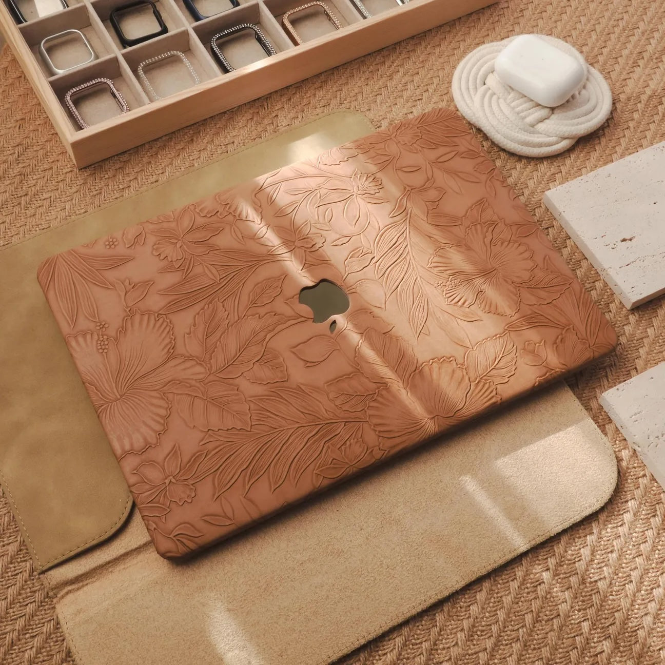 Camel Embossed Floral Leather Macbook Case