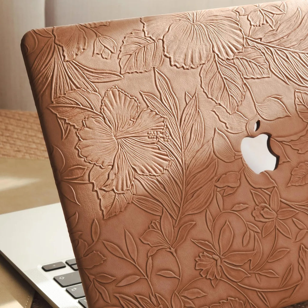 Camel Embossed Floral Leather Macbook Case