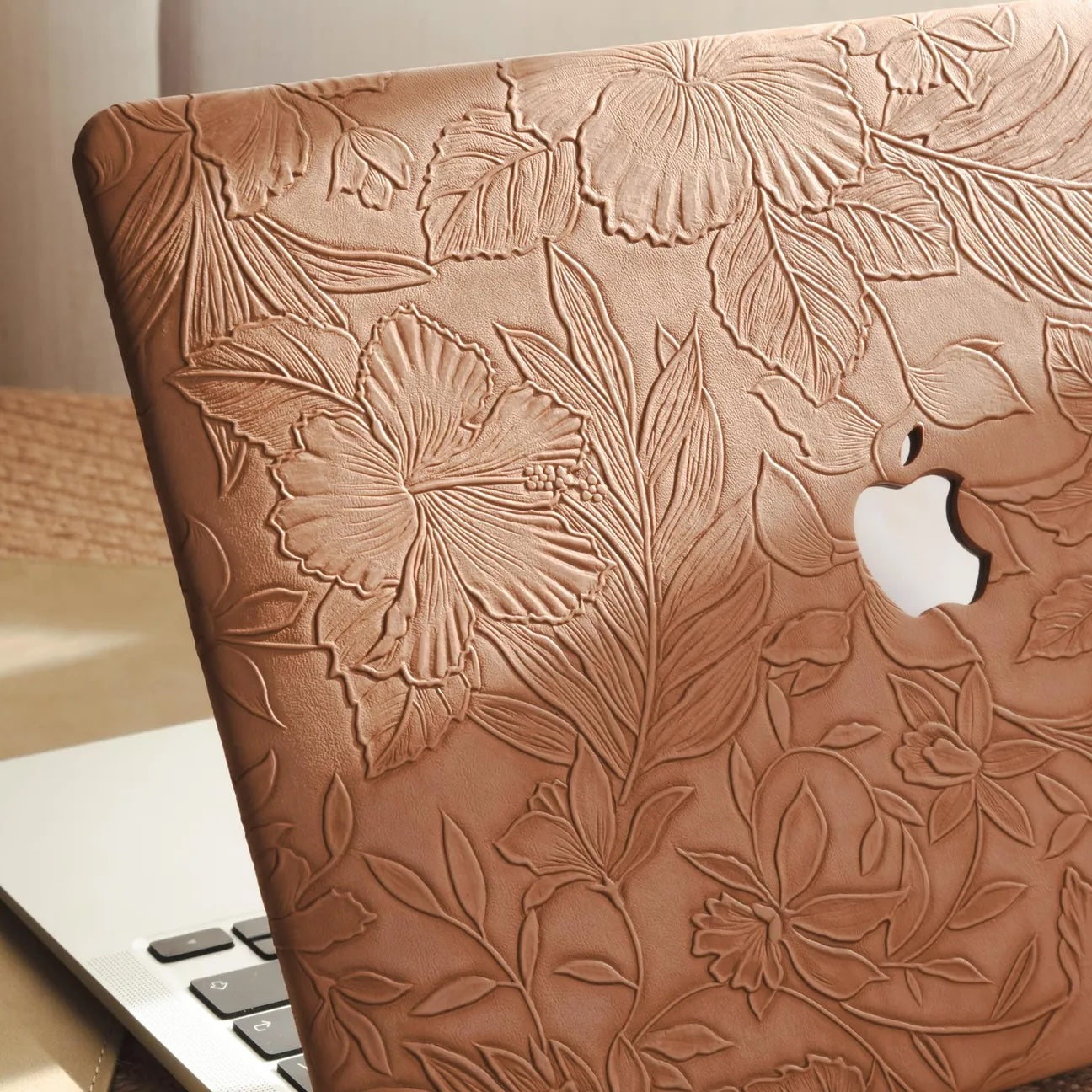 Camel Embossed Floral Leather Macbook Case
