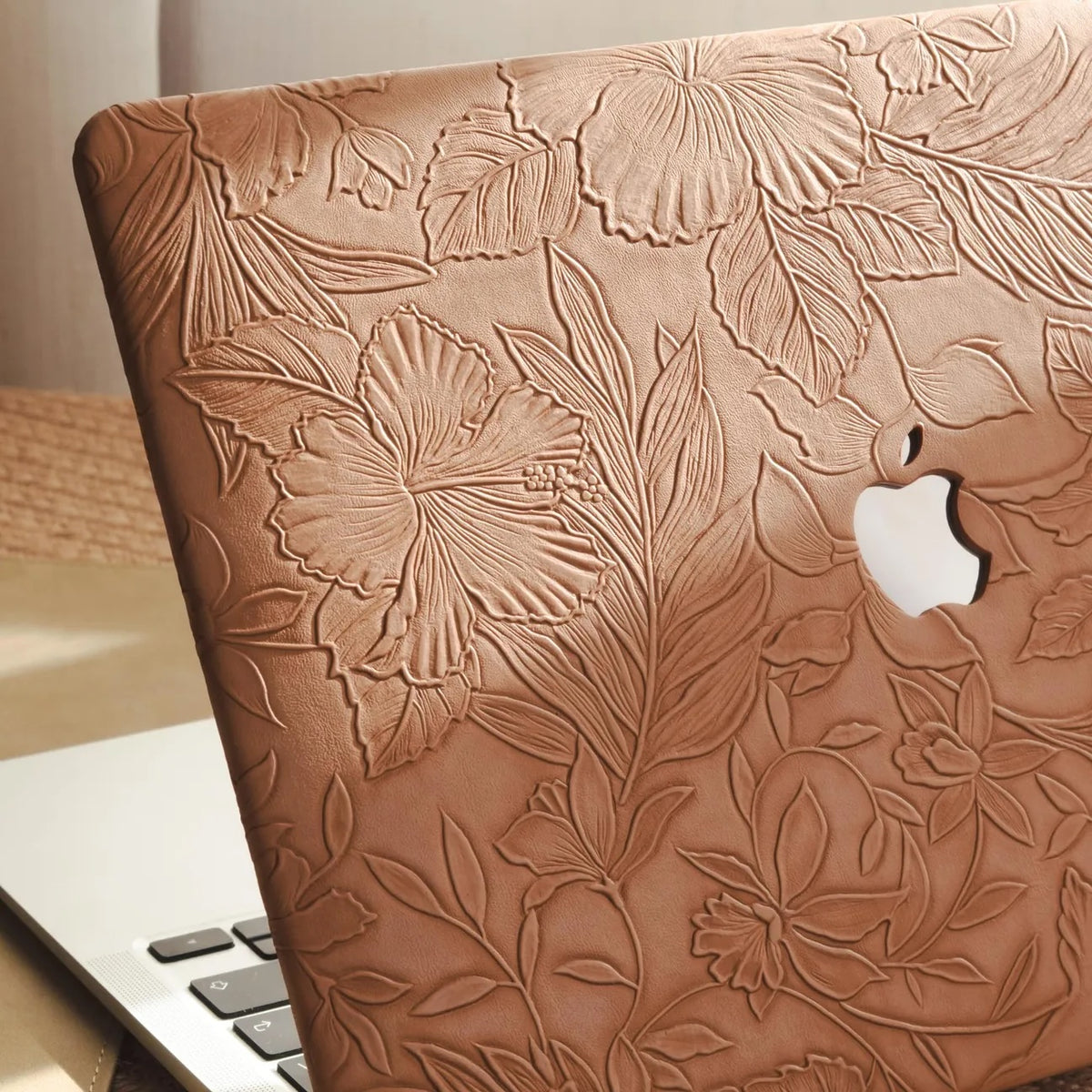 Camel Embossed Floral Leather Macbook Case