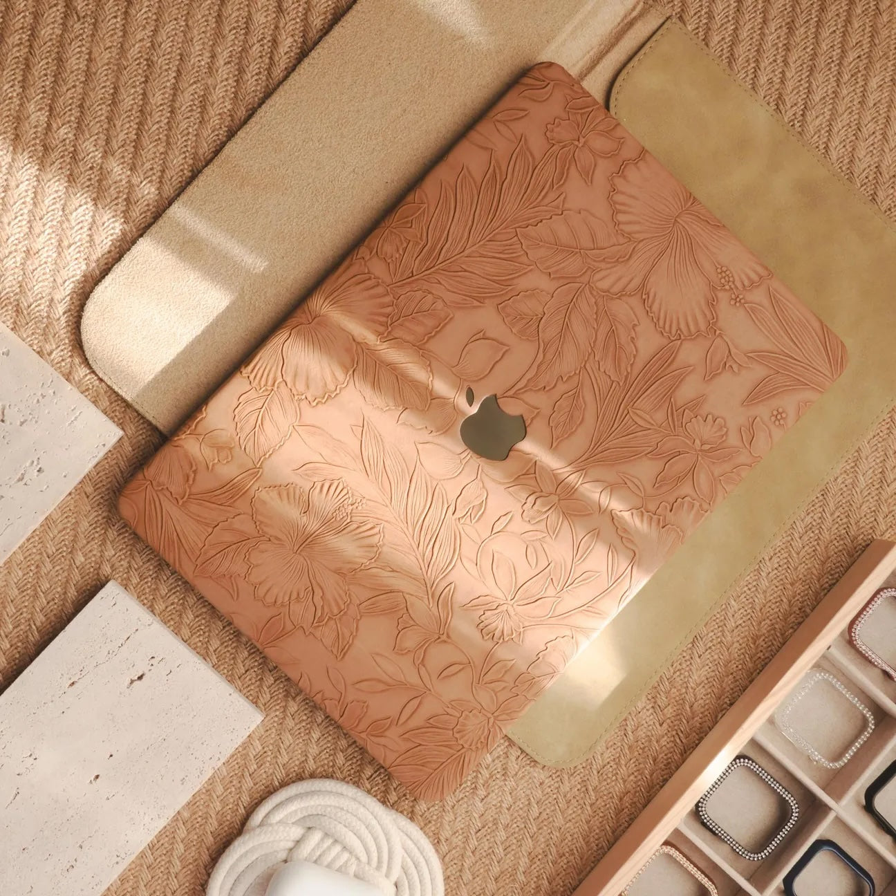 Camel Embossed Floral Leather Macbook Case