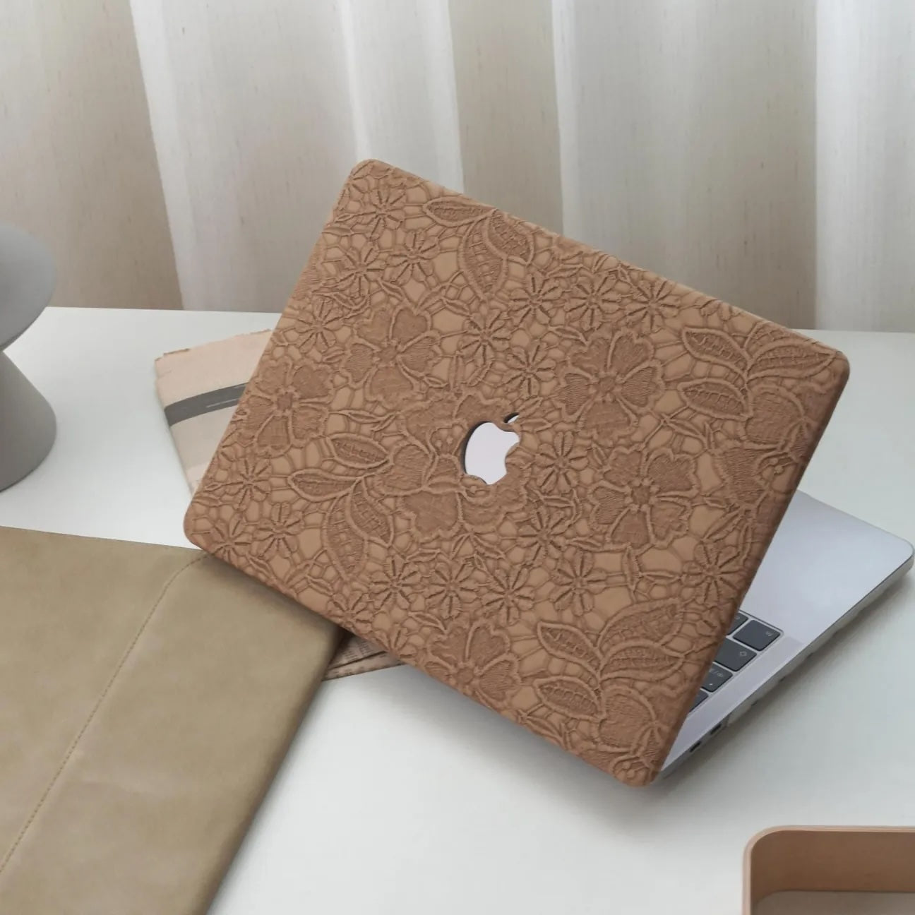 Chocolate Embossed Floral Leather Macbook Case