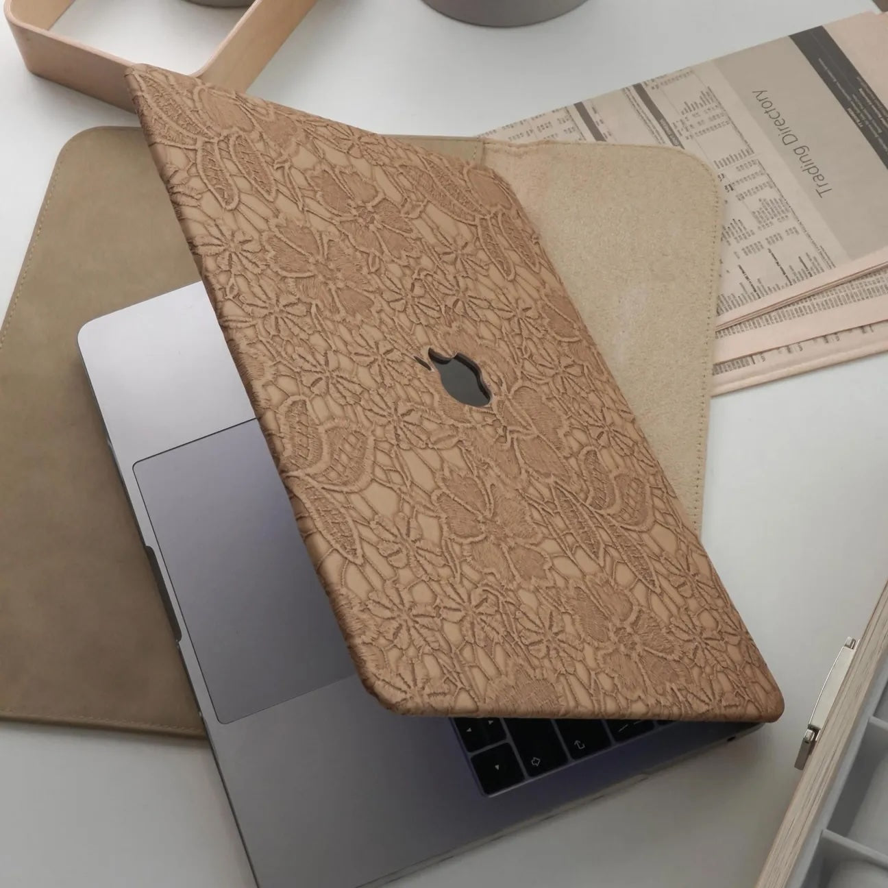 Chocolate Embossed Floral Leather Macbook Case