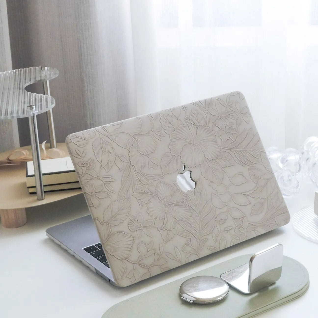 Antique White Embossed Floral Leather Macbook Case