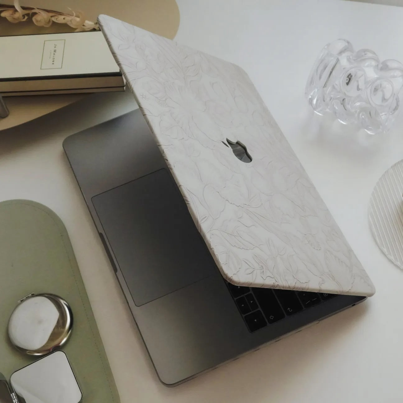Antique White Embossed Floral Leather Macbook Case