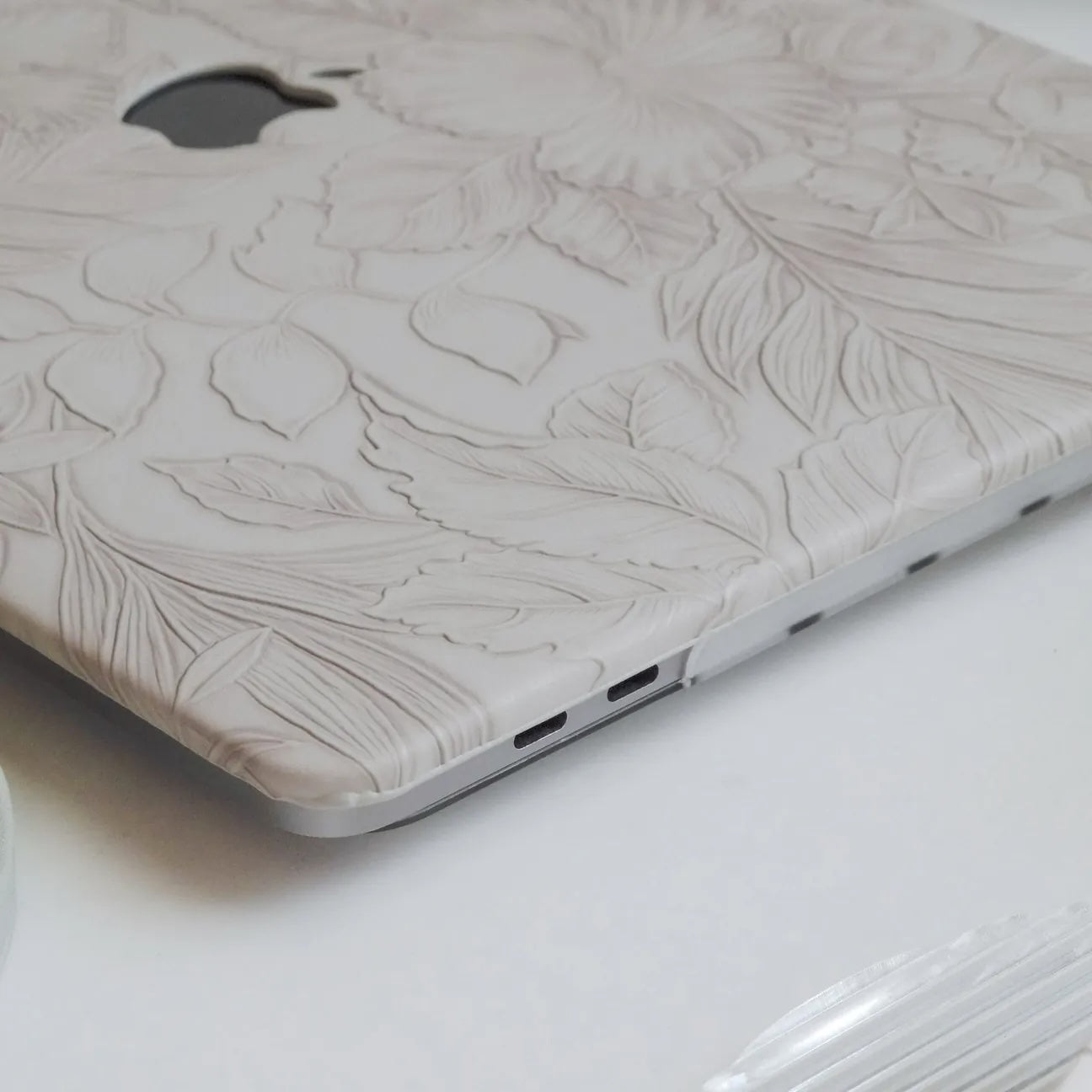 Antique White Embossed Floral Leather Macbook Case