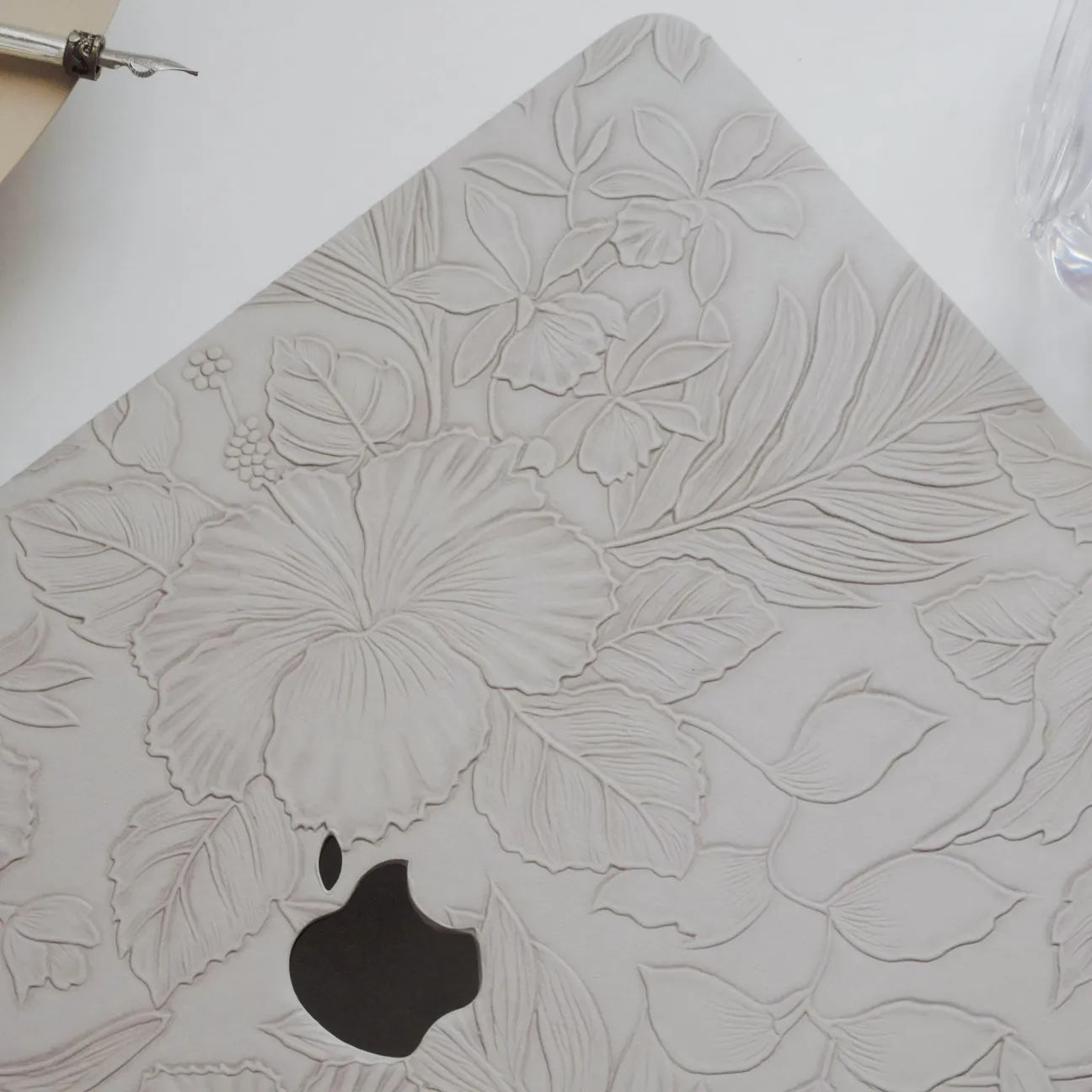 Antique White Embossed Floral Leather Macbook Case