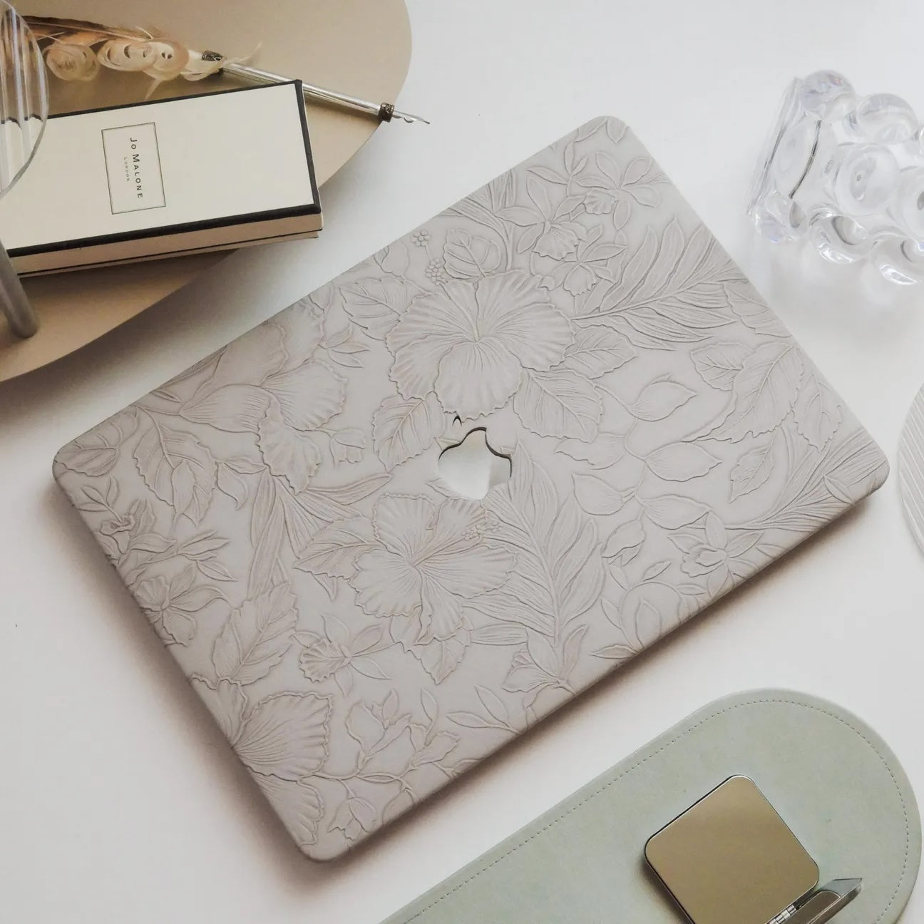 Antique White Embossed Floral Leather Macbook Case