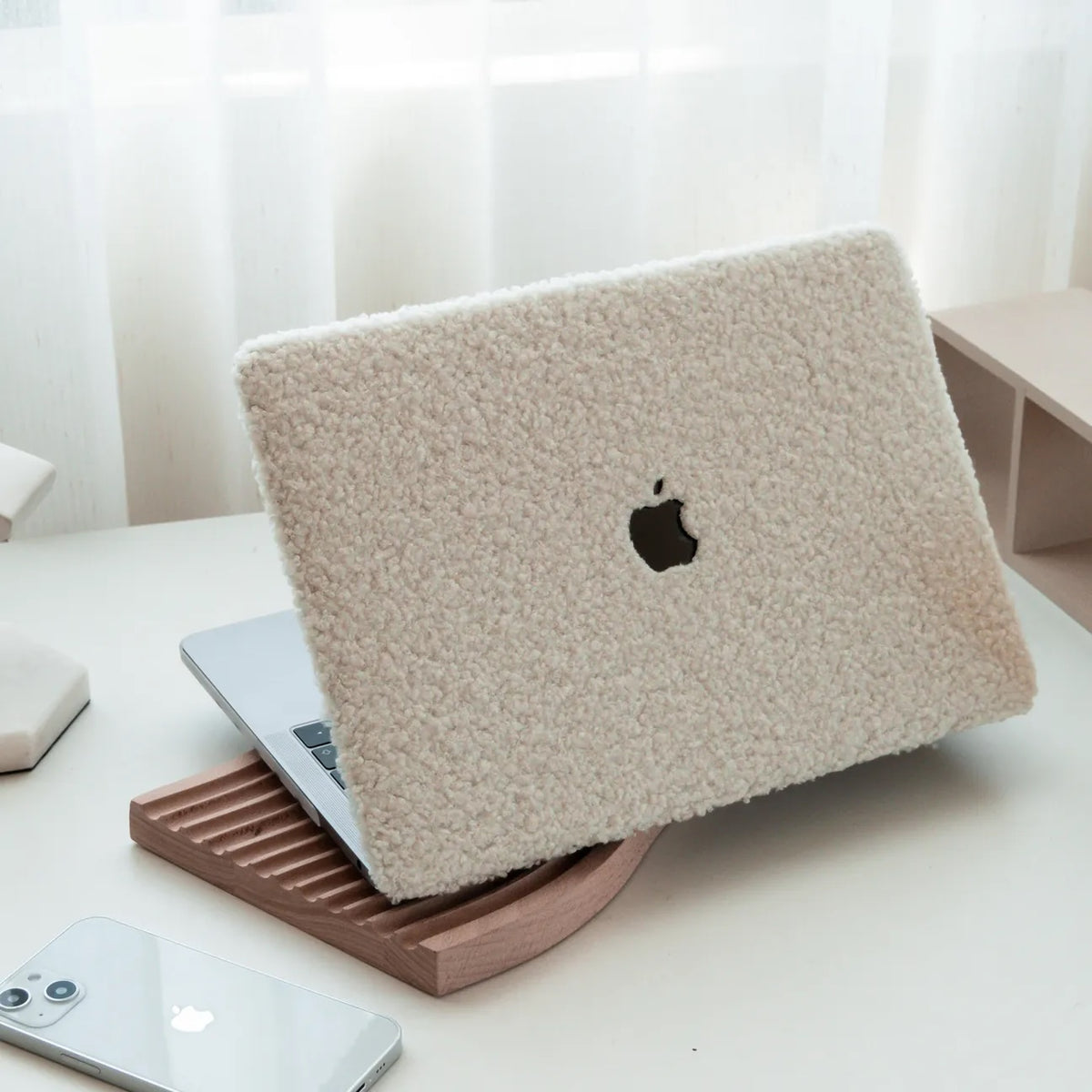 Beige Teddy Plush Leather Macbook Case