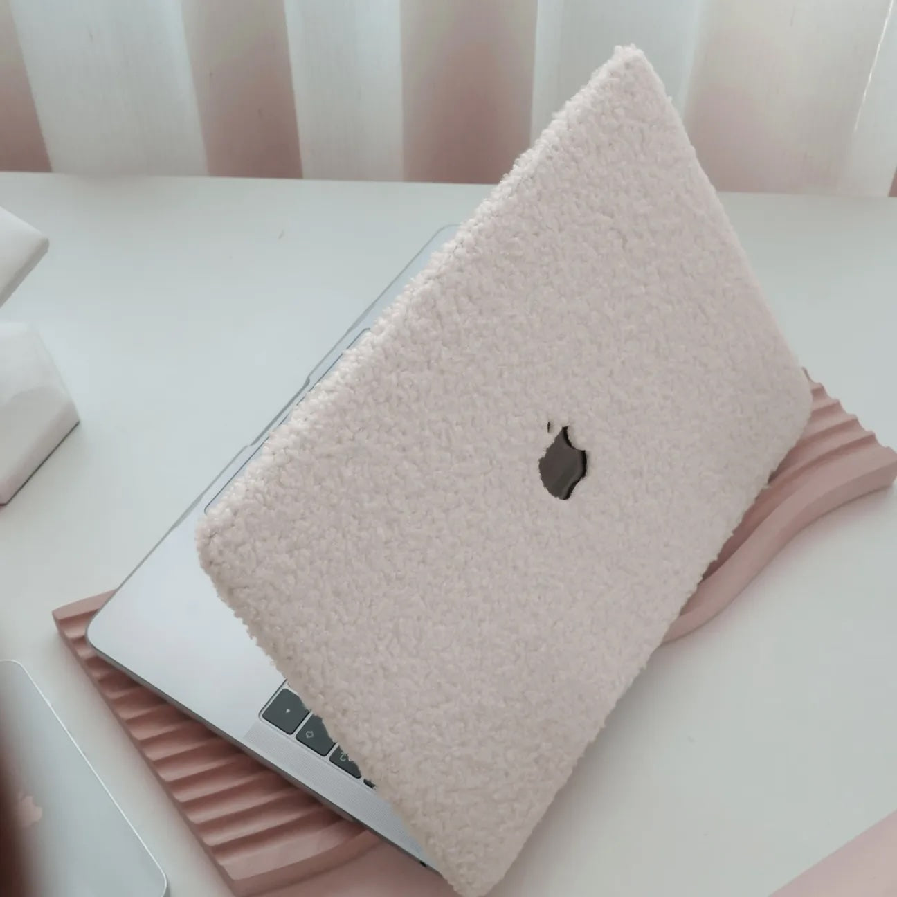 Beige Teddy Plush Leather Macbook Case
