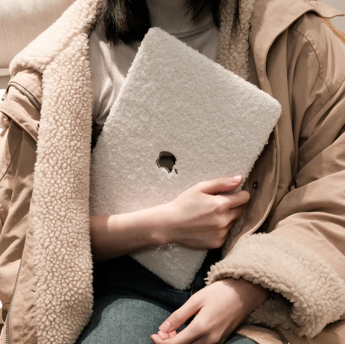 Beige Teddy Plush Leather Macbook Case