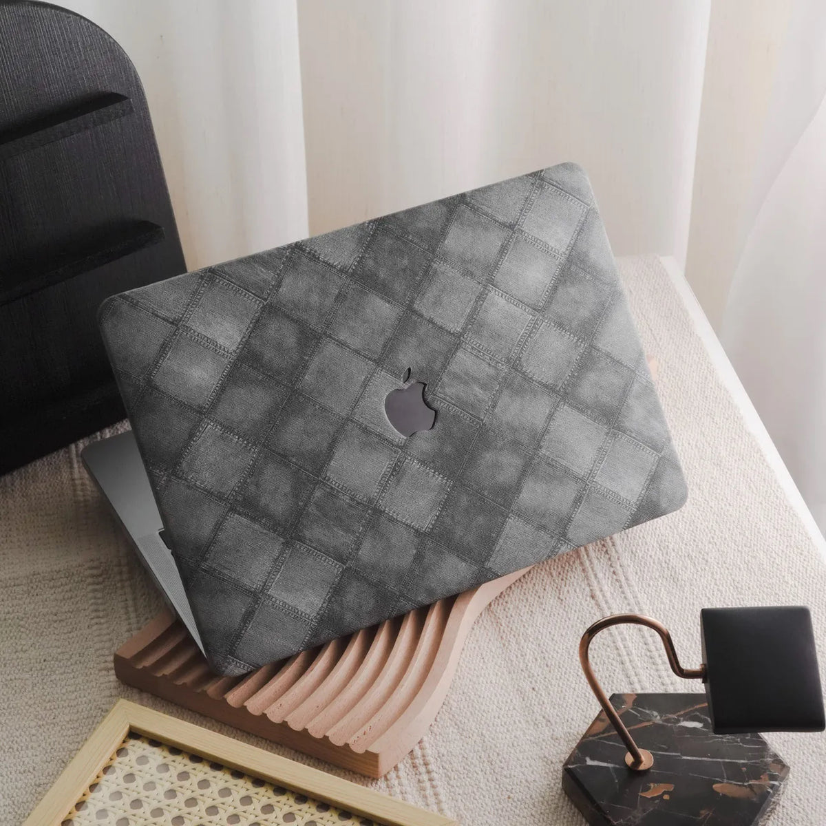 Dark GreyPlaid Denim Fabric Macbook Case