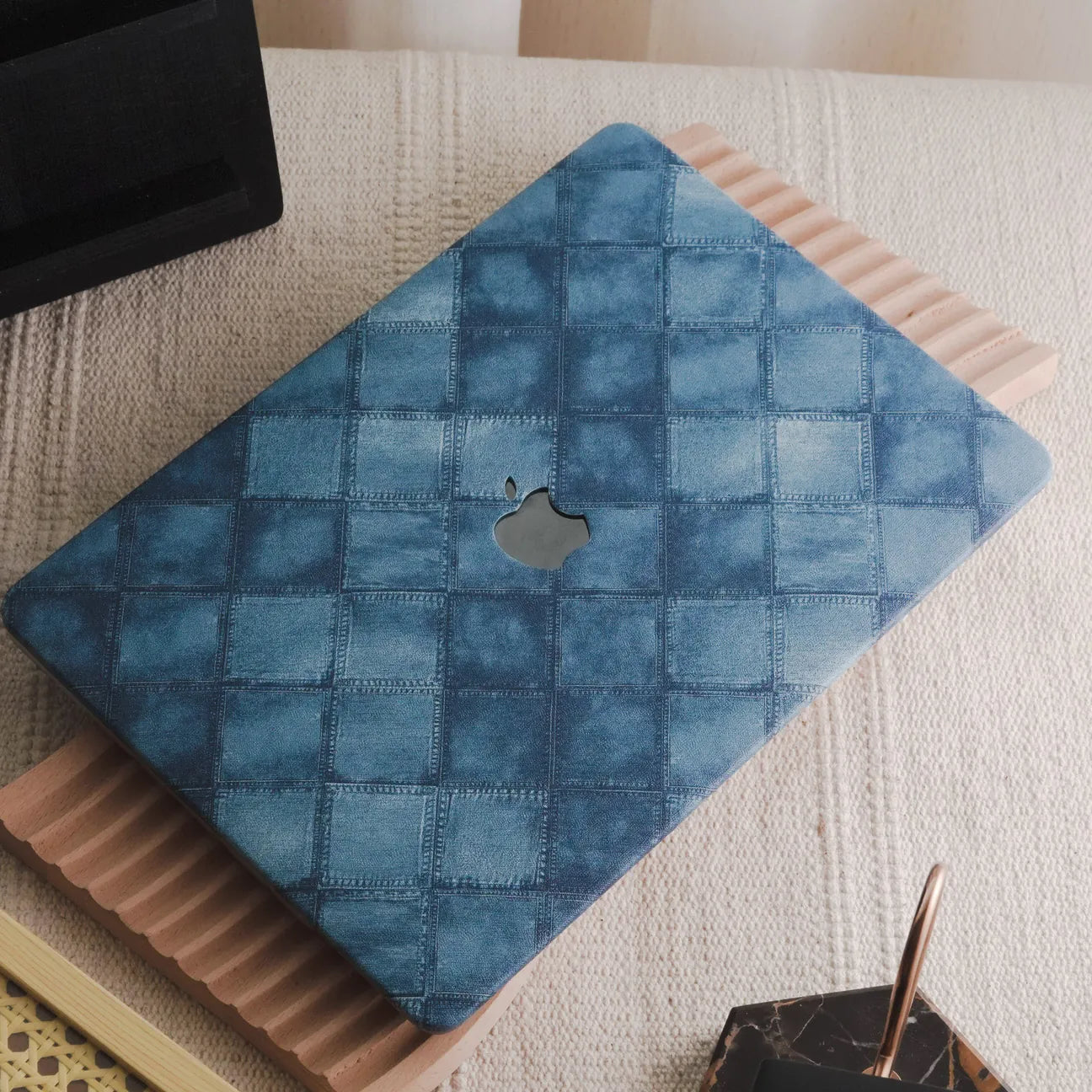 Blue Plaid Denim Fabric Macbook Case
