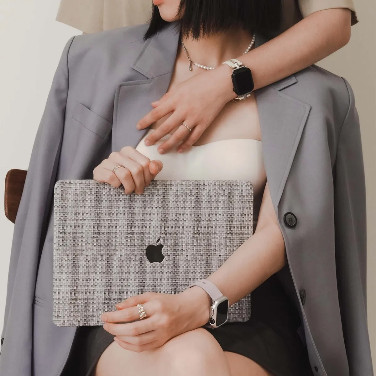 Check Leather Gray Macbook Case