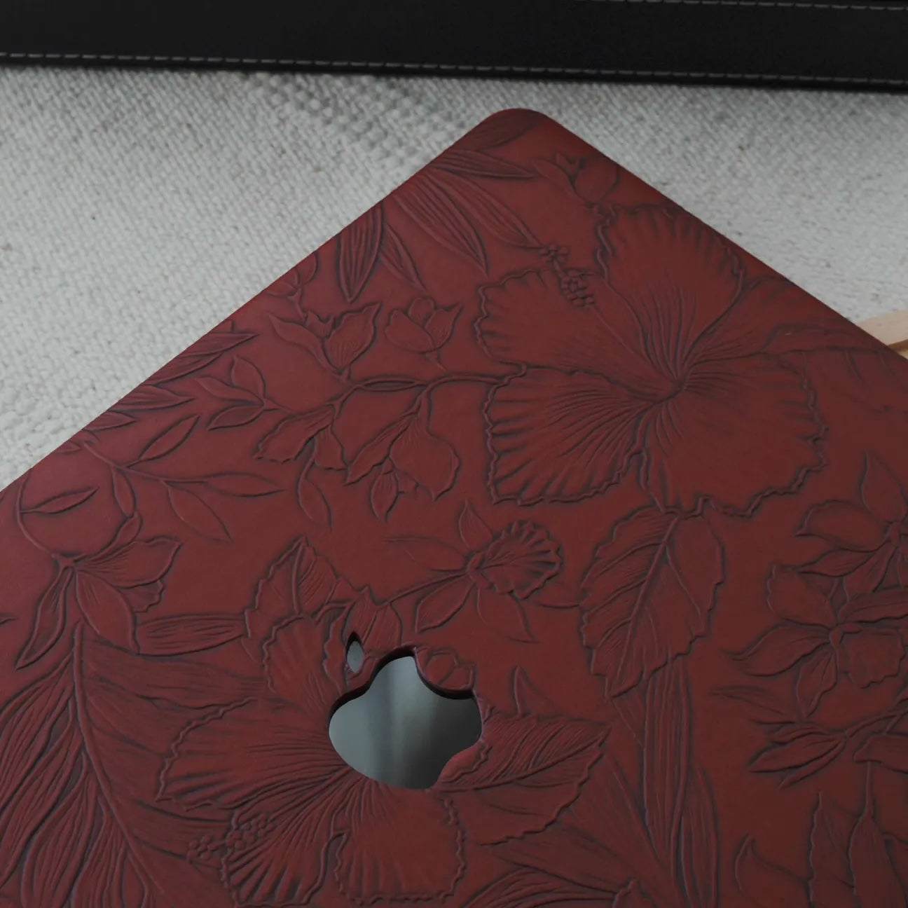 Dark Red Embossed Floral Leather Macbook Case