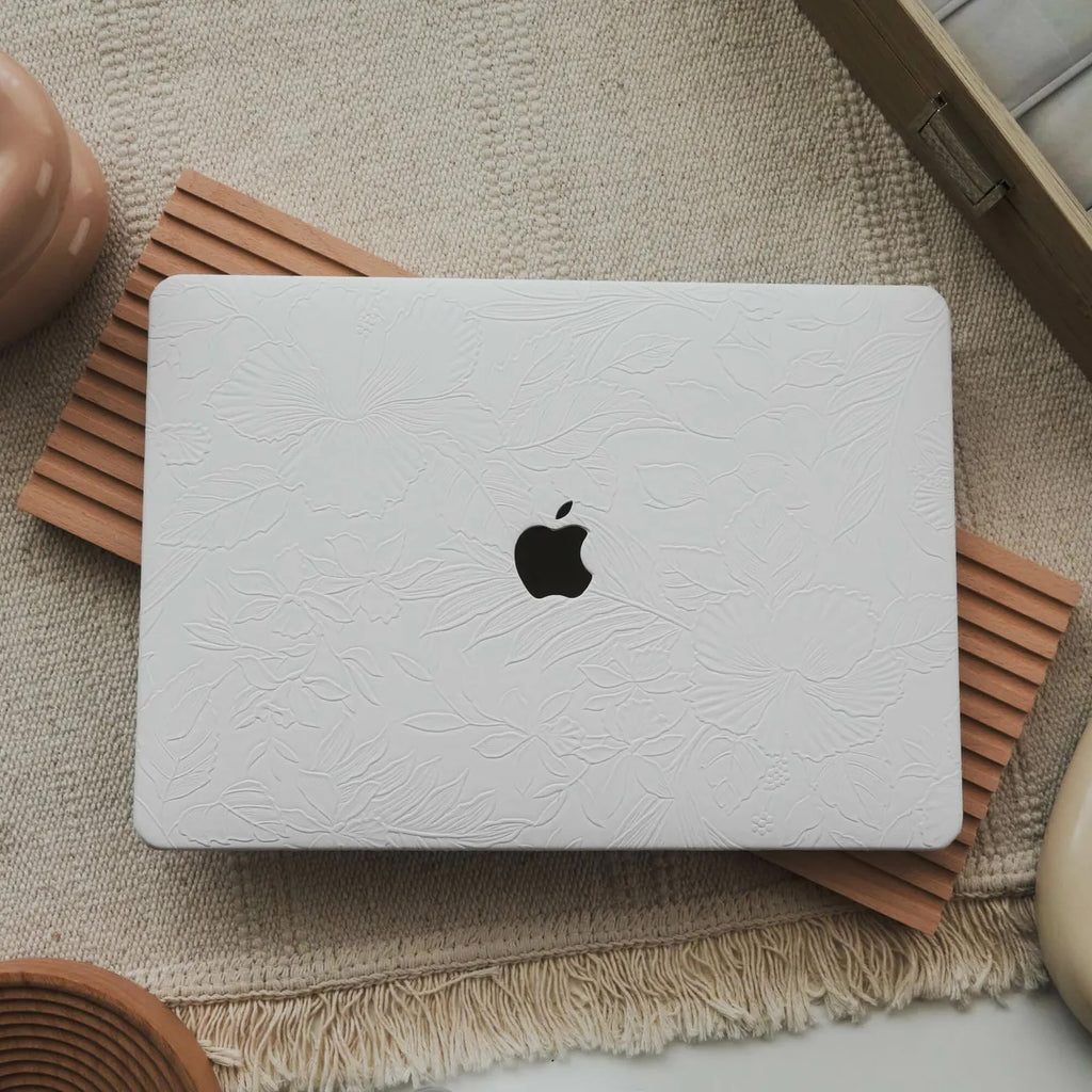 White Embossed Floral Leather Macbook Case