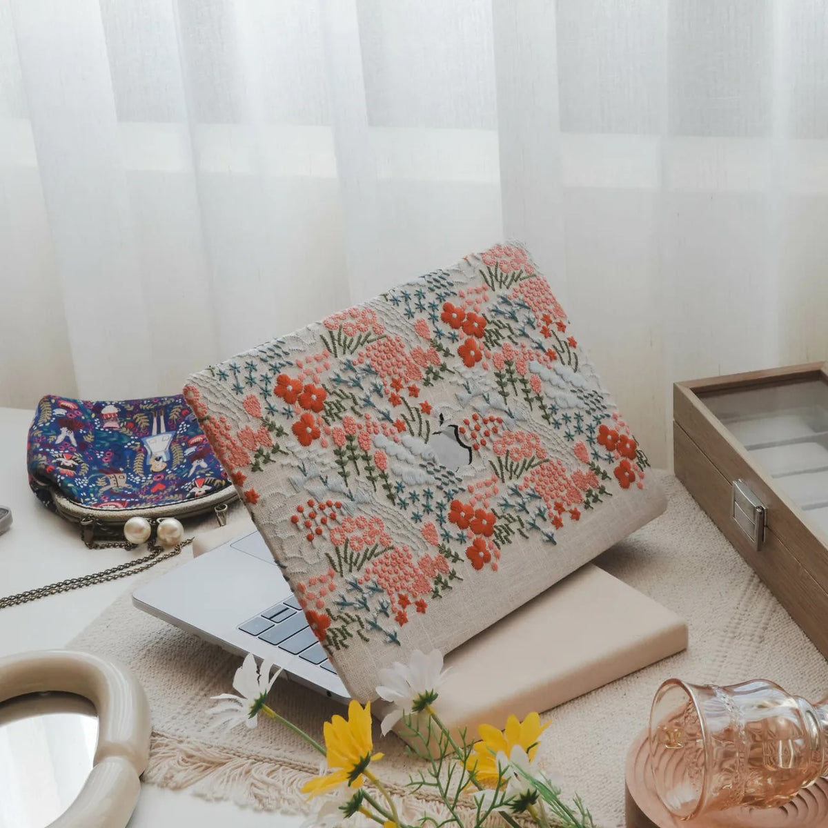 Ivory Garden Embroidered Leather Macbook Case
