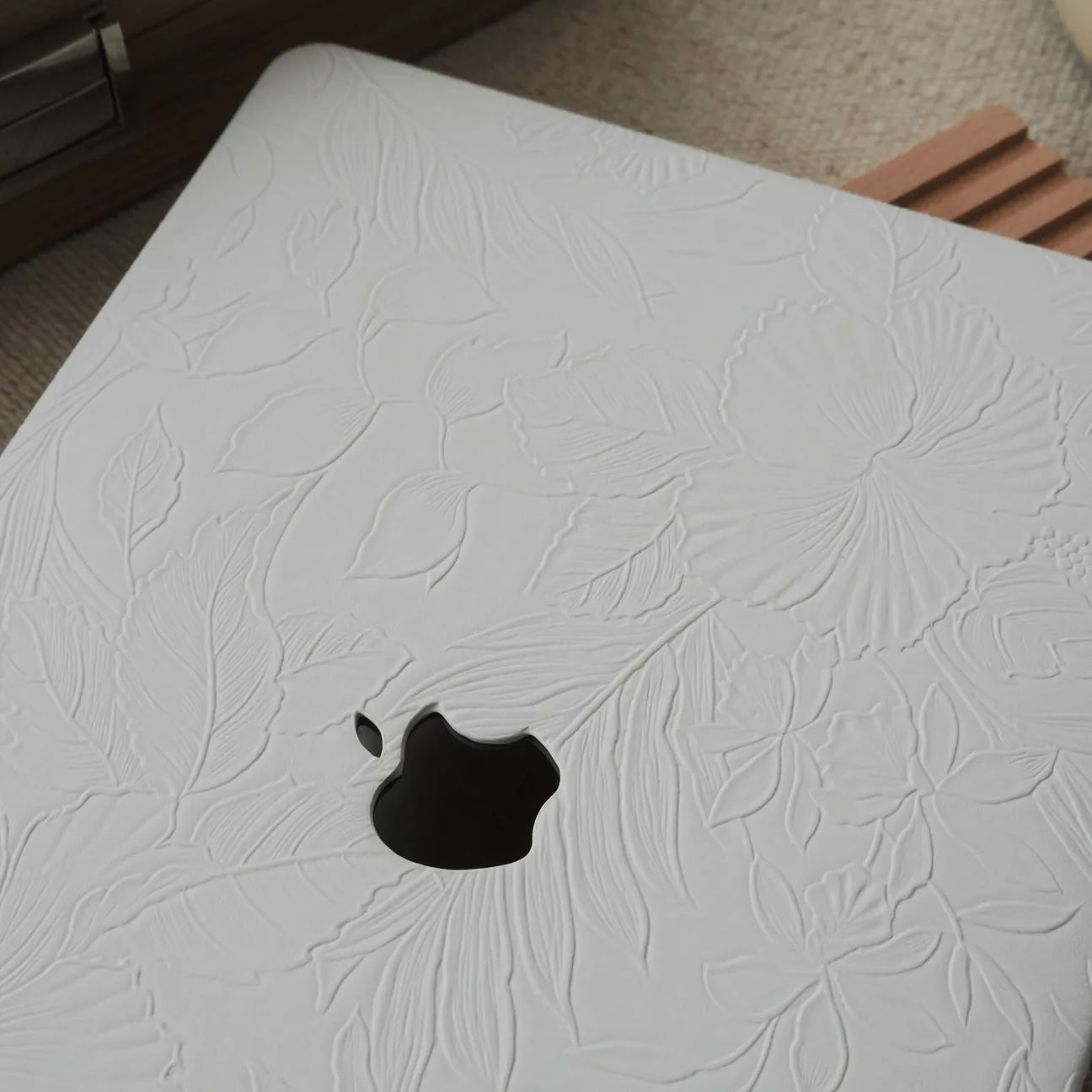 White Embossed Floral Leather Macbook Case