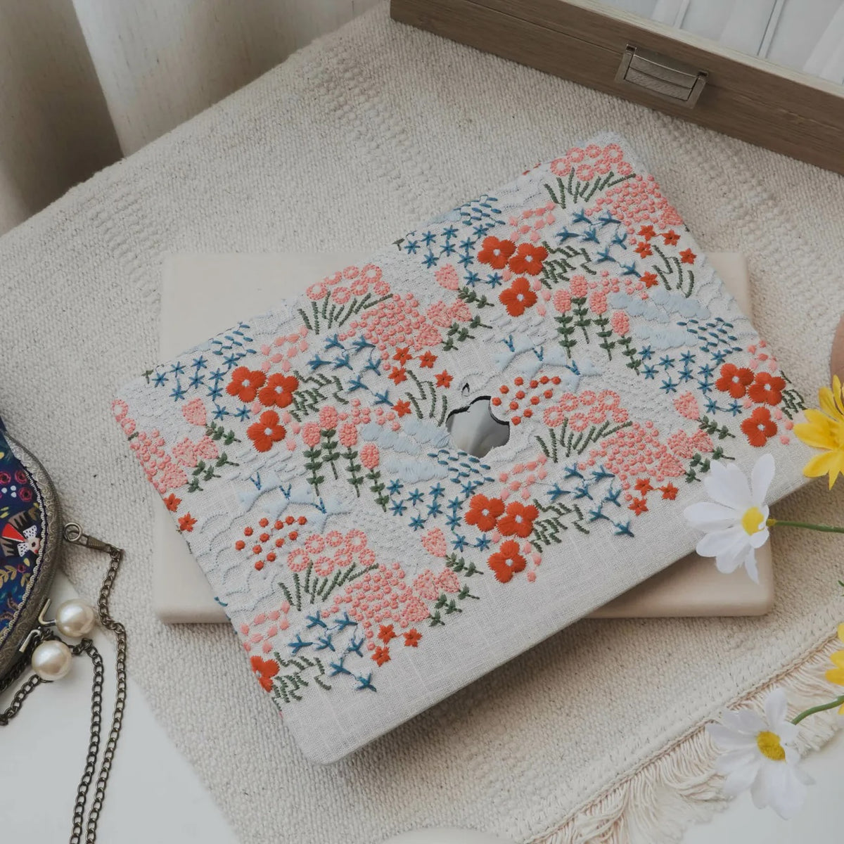 Ivory Garden Embroidered Leather Macbook Case