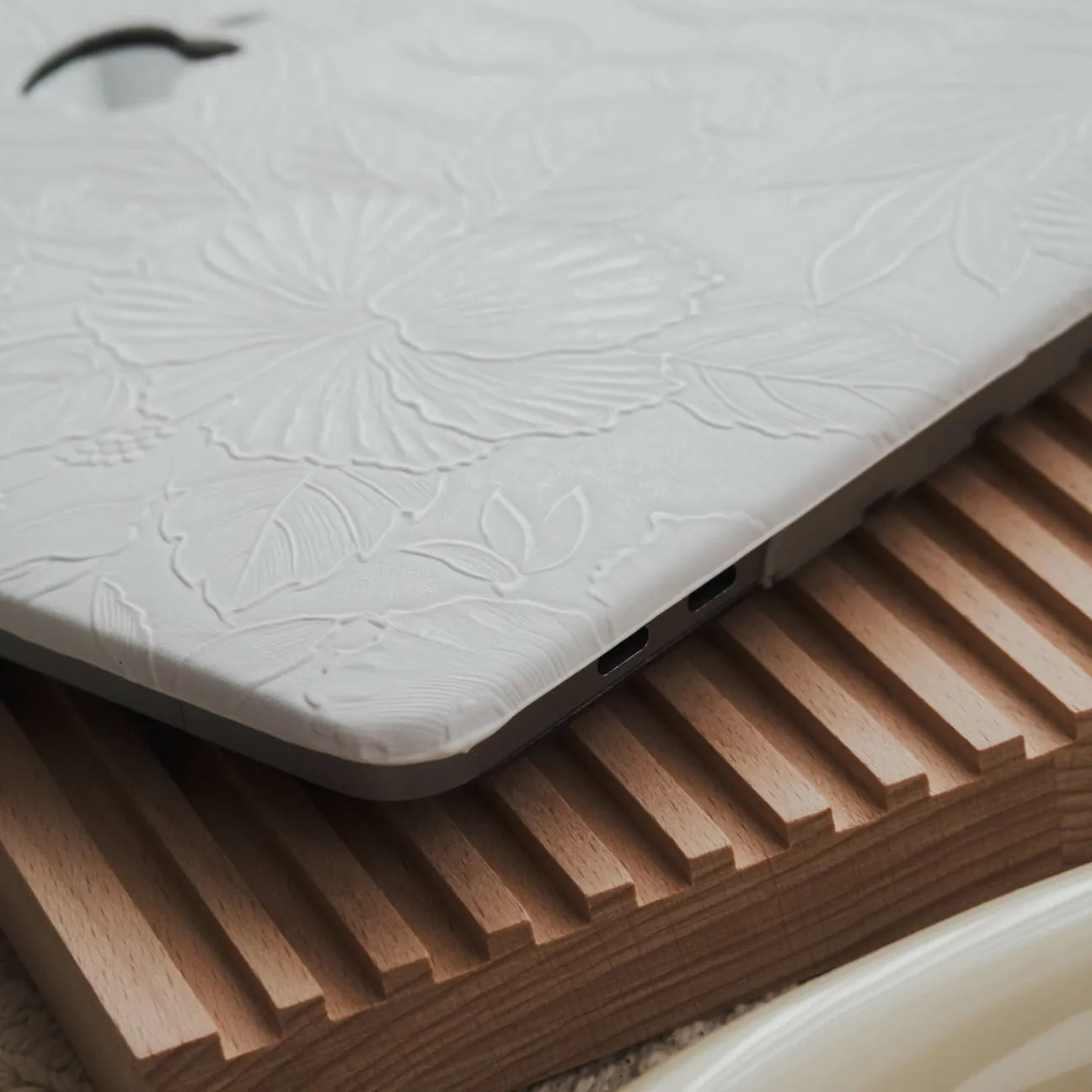 White Embossed Floral Leather Macbook Case