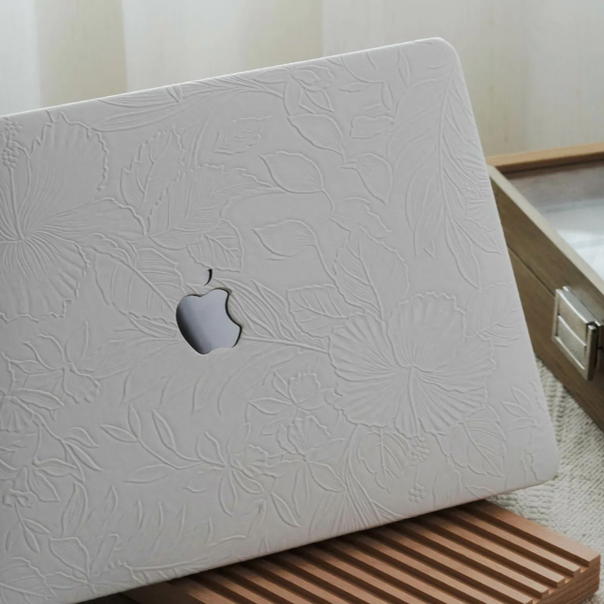 White Embossed Floral Leather Macbook Case