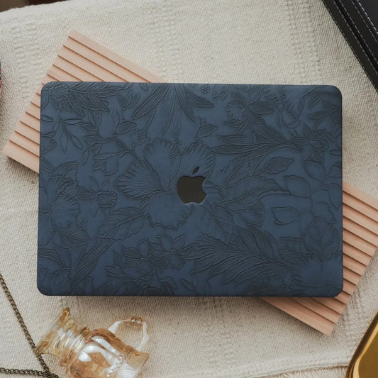 Salvia Blue Embossed Floral Leather Macbook Case