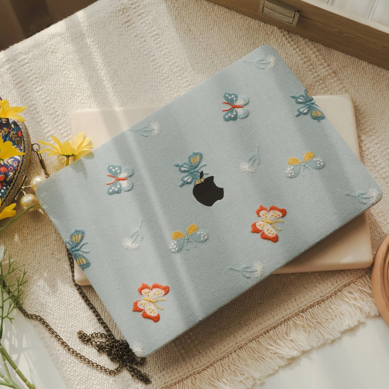 Blue Butterfly Embroidered Leather Macbook Case