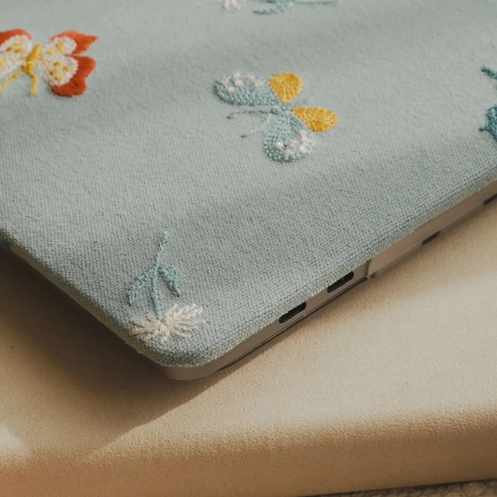 Blue Butterfly Embroidered Leather Macbook Case