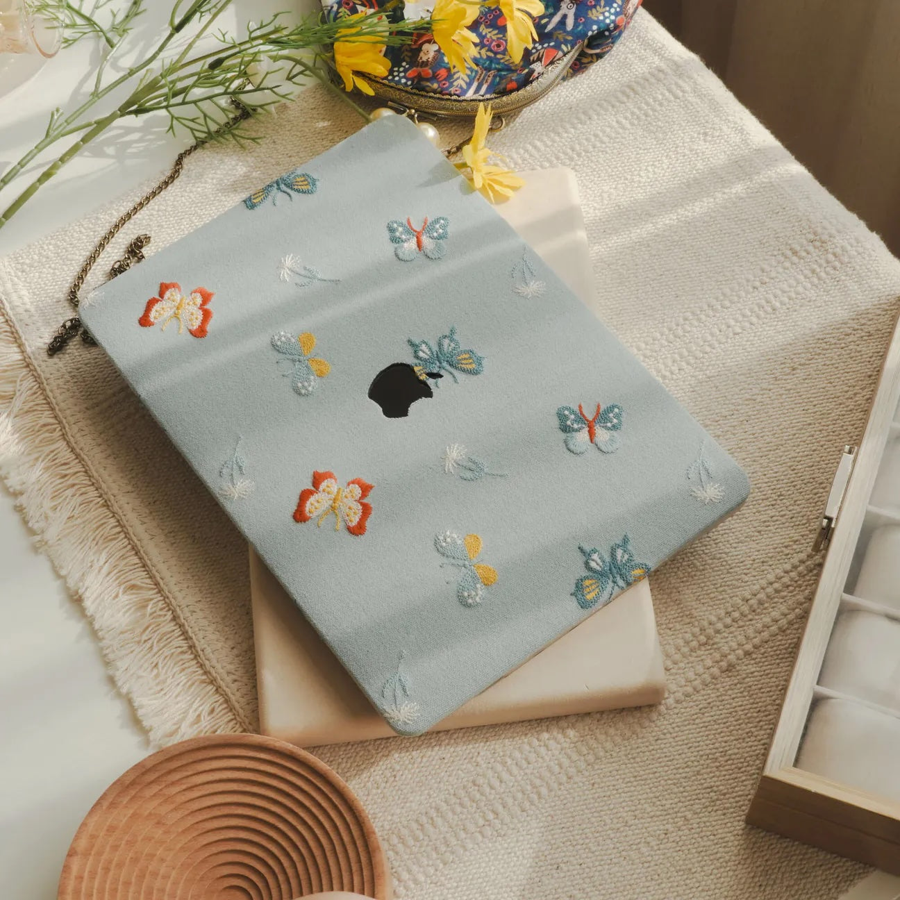 Blue Butterfly Embroidered Leather Macbook Case
