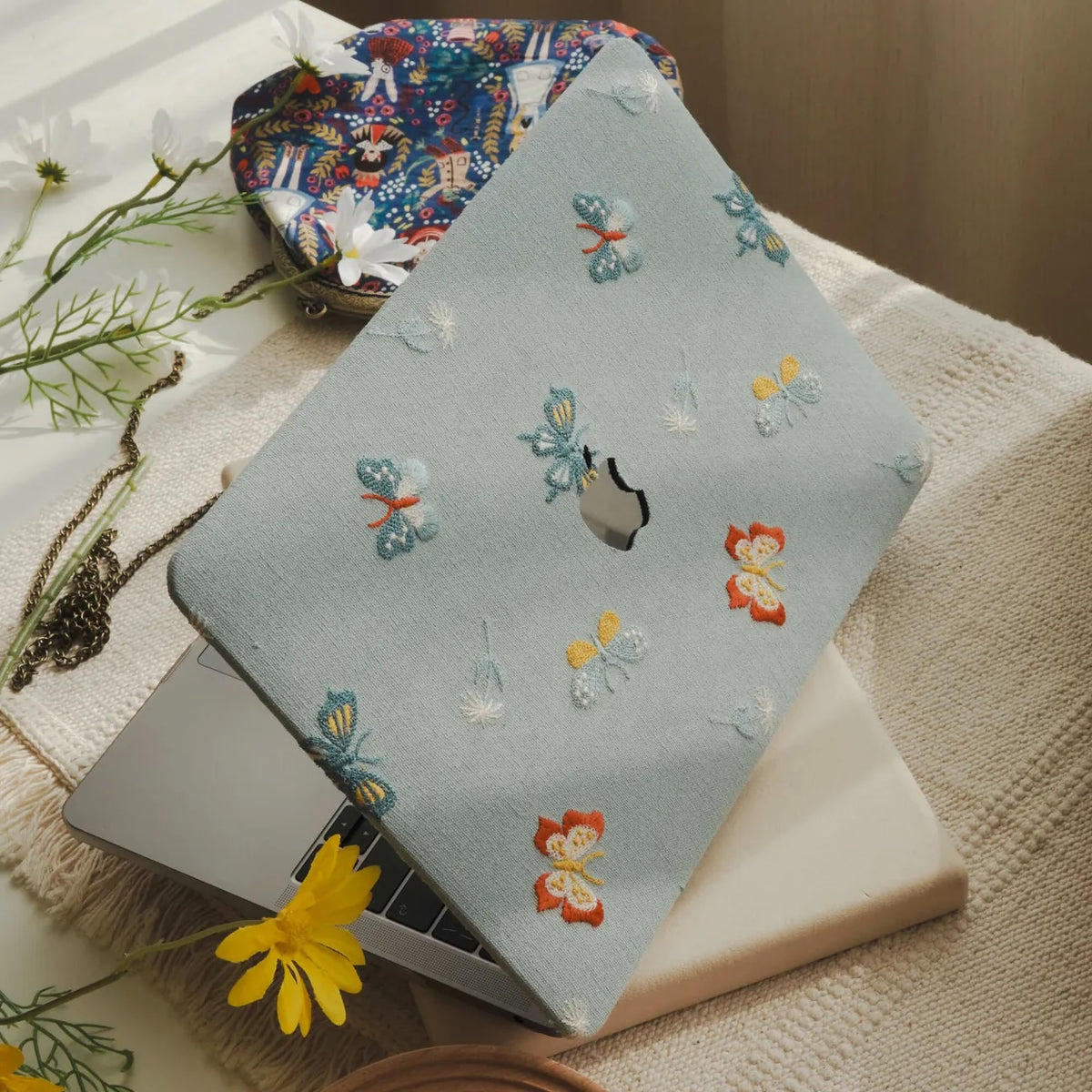 Blue Butterfly Embroidered Leather Macbook Case