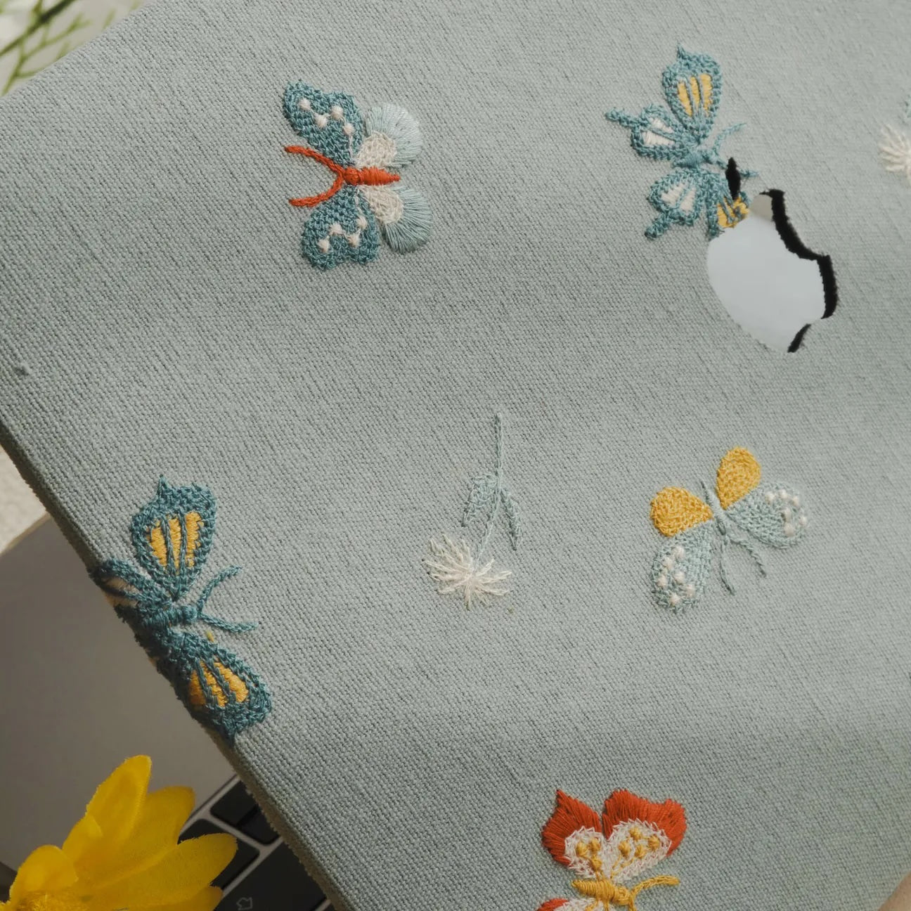 Blue Butterfly Embroidered Leather Macbook Case