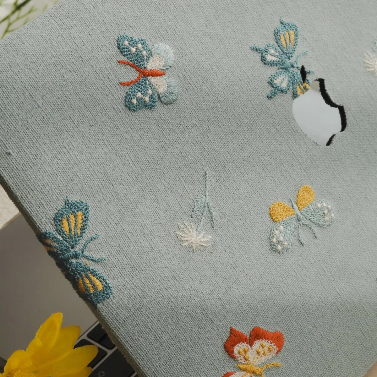 Blue Butterfly Embroidered Leather Macbook Case