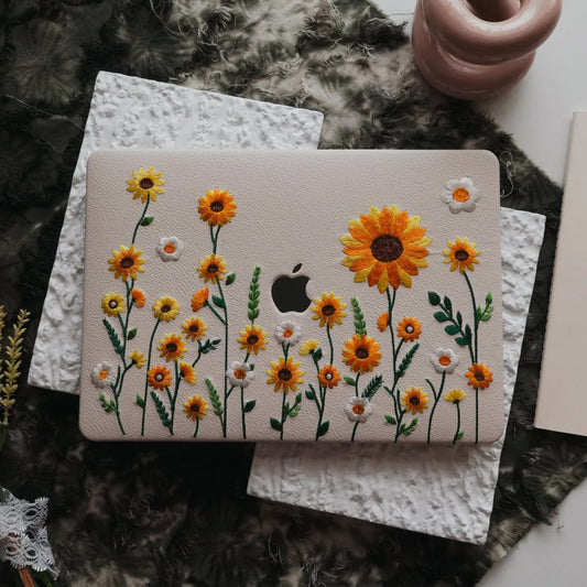 This Is Us Design Leather Embroidery ♾ Cream White Sunflower Garden Mac Case