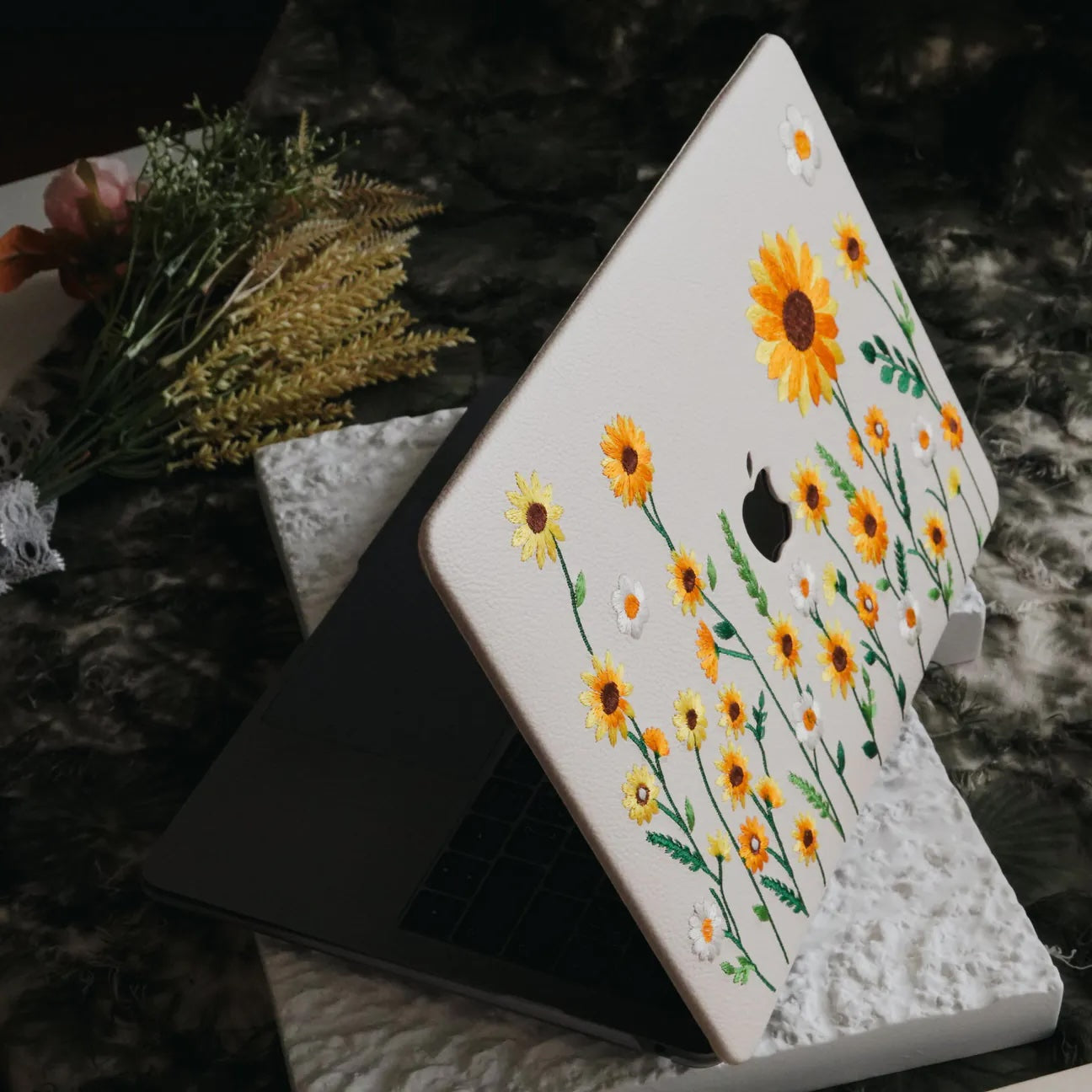 This Is Us Design Leather Embroidery ♾ Cream White Sunflower Garden Mac Case