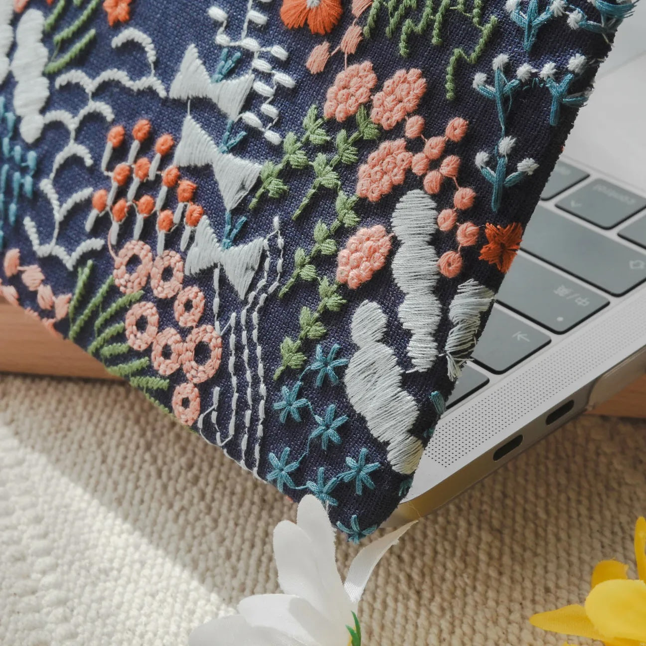 Black Bloom Embroidered Leather Macbook Case